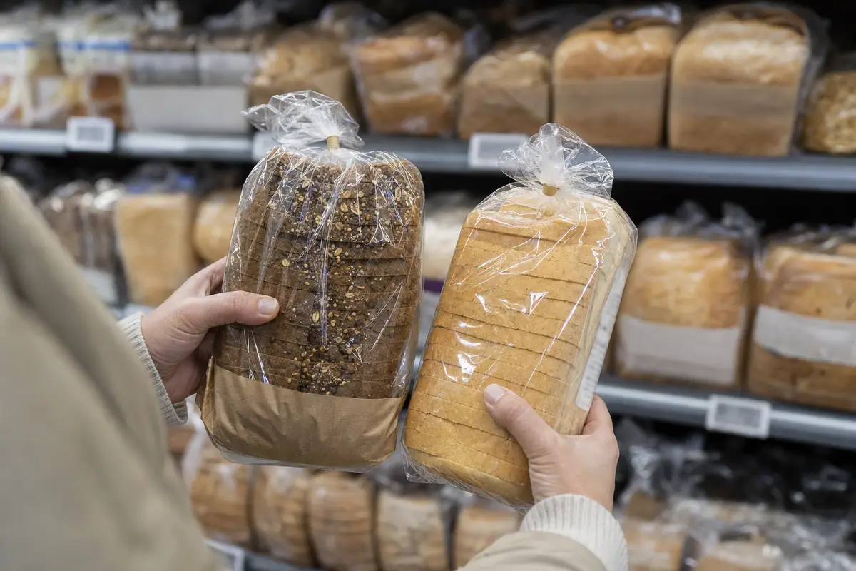 Mani di un cliente che confronta due confezioni di pane a fette, una integrale con semi e una bianca, davanti allo scaffale