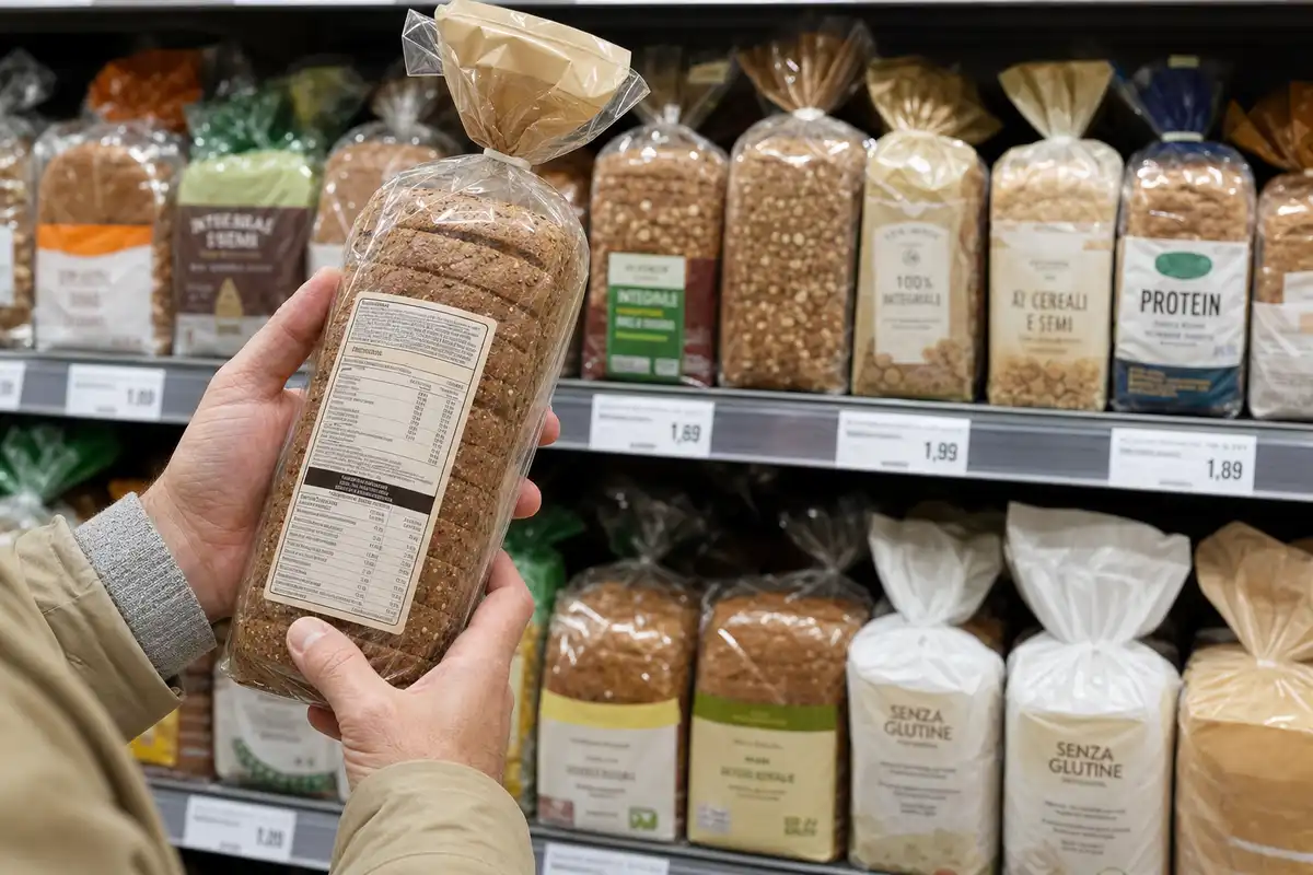 Mani che leggono l’etichetta nutrizionale di un pane a fette integrale davanti allo scaffale del supermercato
