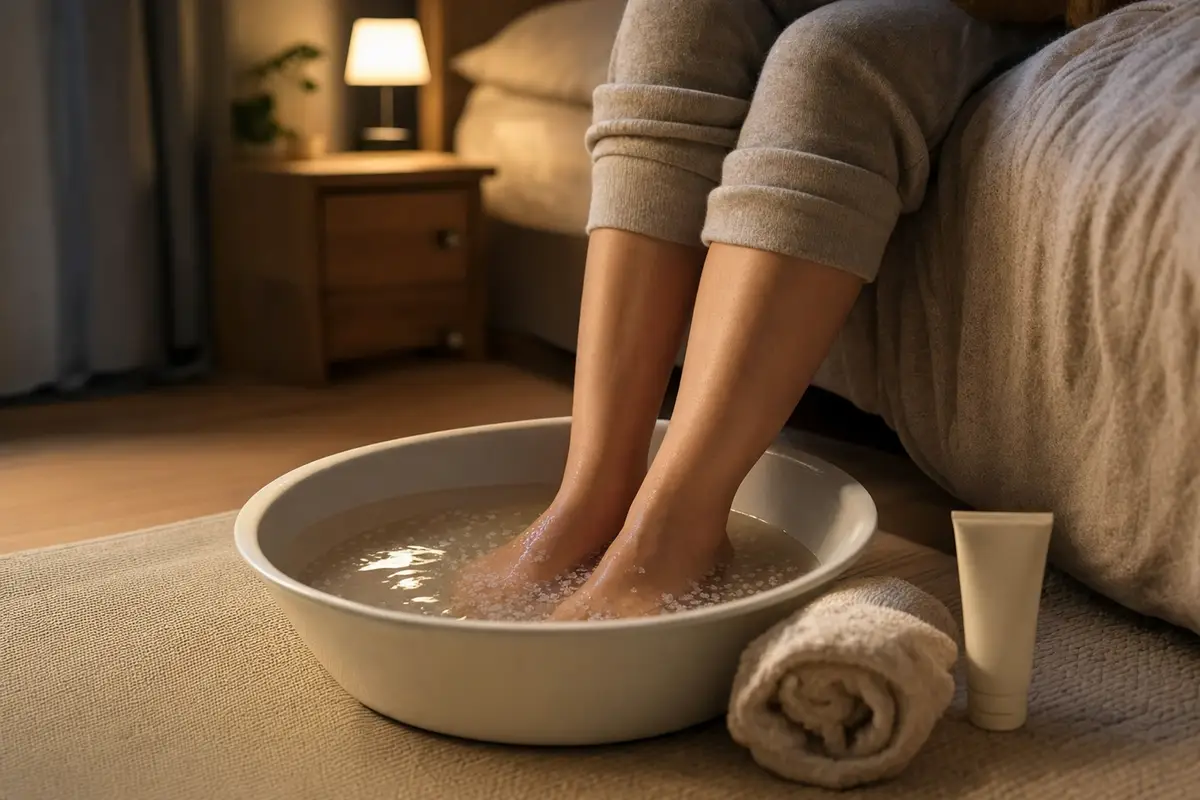 Piedi immersi in una bacinella con acqua tiepida e sale grosso accanto al letto, con asciugamano e crema