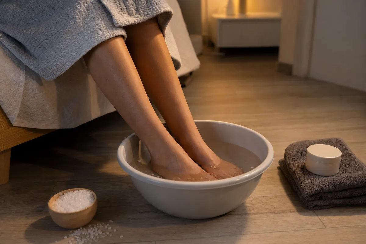 Piedi immersi in una bacinella di acqua tiepida con sale grosso, accanto a asciugamano e crema