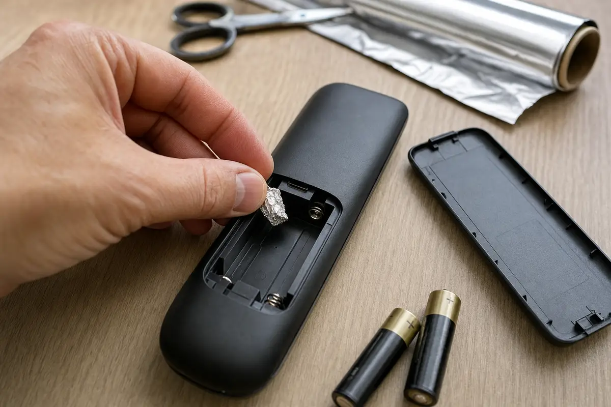 Mano che inserisce un pezzetto di foglio di alluminio nel vano batterie di un telecomando aperto