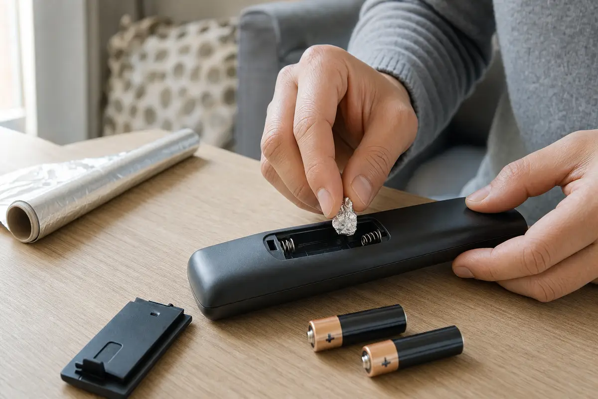 Mani che inseriscono un pezzetto di alluminio nel vano batterie di un telecomando, con due pile AA sul tavolo