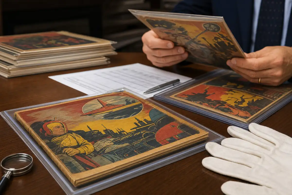 Fumetti vintage in buste protettive su un tavolo, con guanti bianchi e mani che esaminano un albo