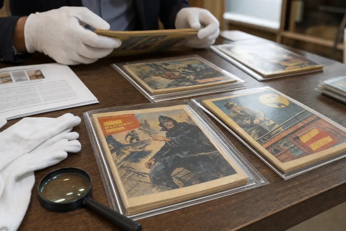 Fumetti vintage in buste protettive su tavolo di legno, con mani guantate, lente d’ingrandimento e documenti