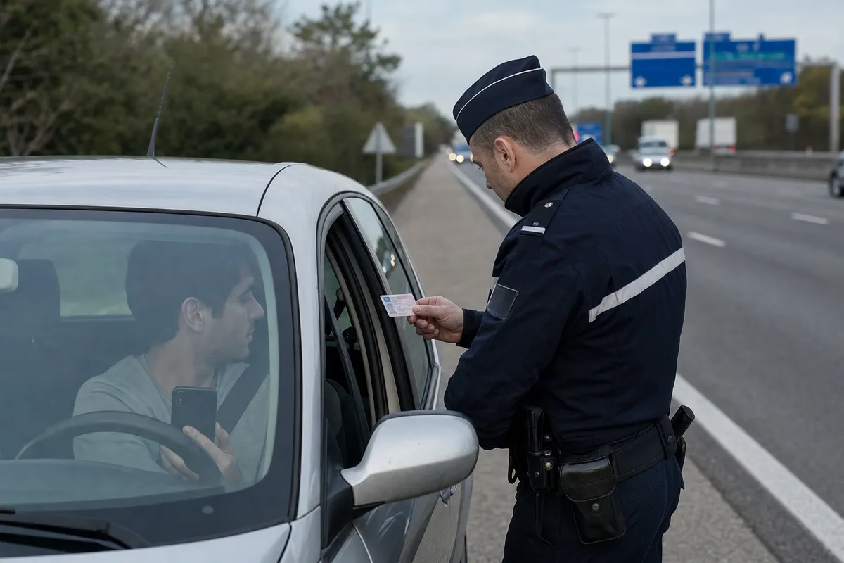 Agente di polizia controlla la patente a un automobilista fermato in autostrada, con lo smartphone in mano
