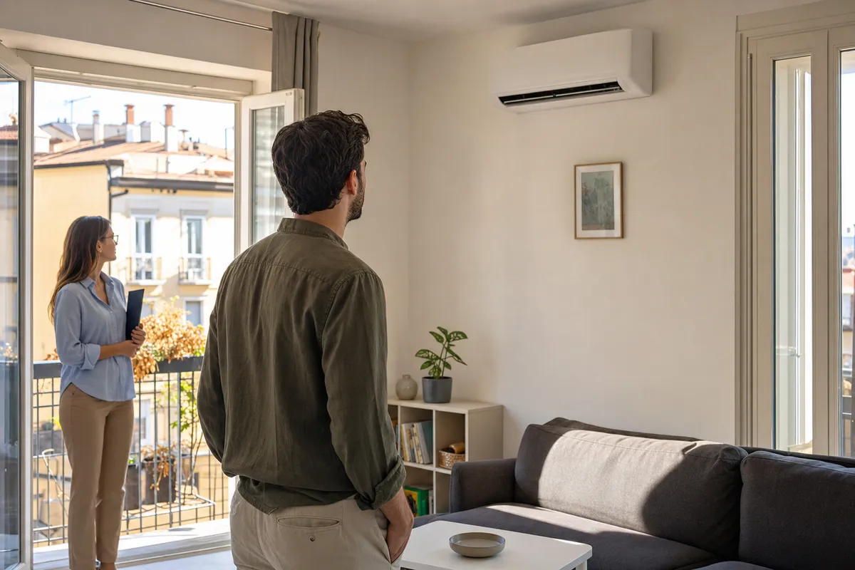 Visita in appartamento con condizionatore a parete, luce estiva dalle finestre e due persone vicino al balcone