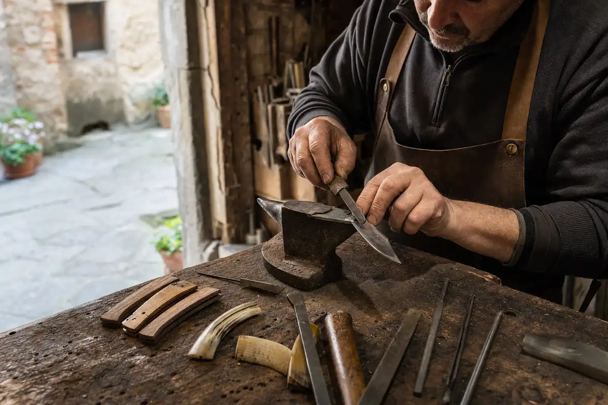Artigiano lima una lama da coltello su un’incudine, con manici in legno e corno e utensili su banco di lavoro