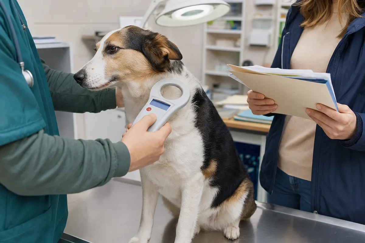 Veterinario scansiona il microchip di un cane su un lettino, mentre il proprietario tiene documenti e ricevute