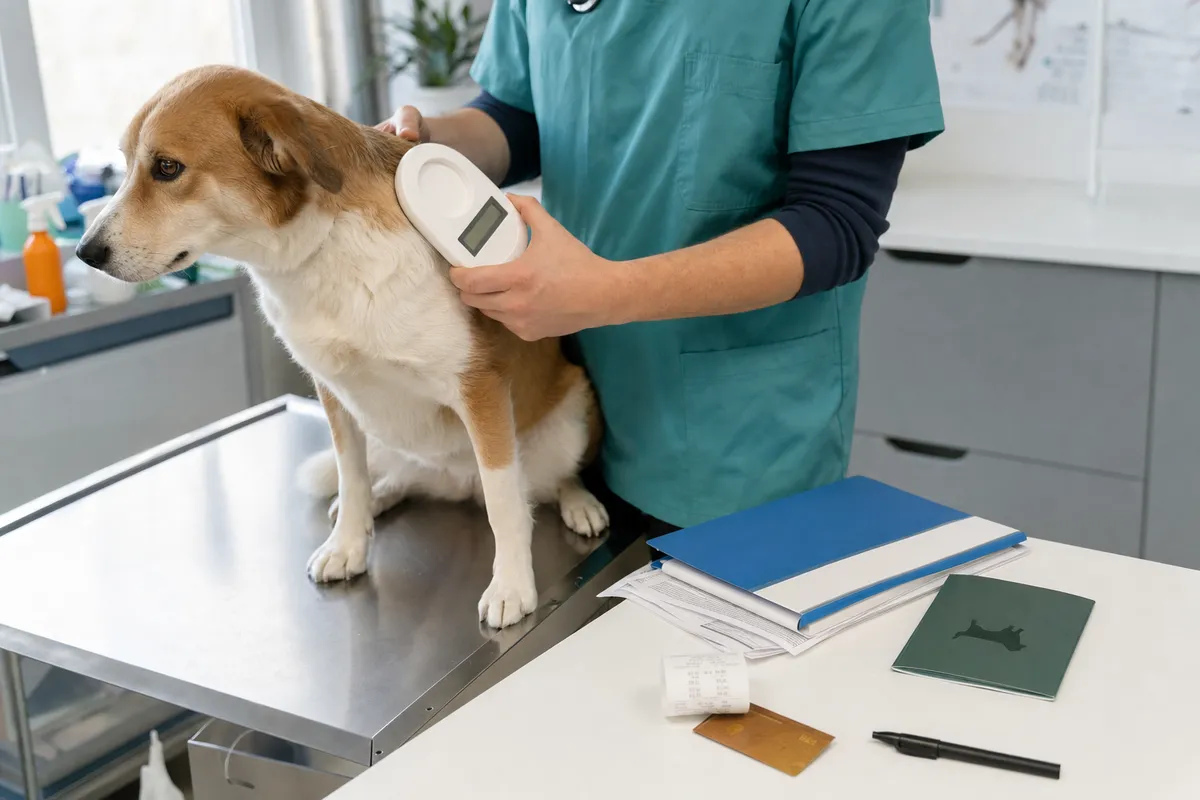 Veterinario scansiona il microchip di un cane su lettino, con documenti e ricevuta su un tavolo