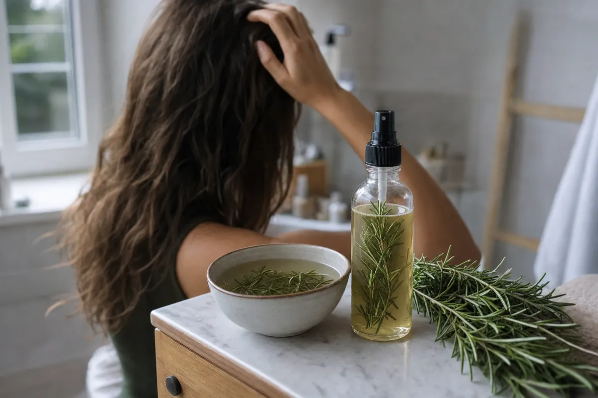 Bottiglietta spray con infuso di rosmarino, ciotola e rametti freschi su un piano, con persona che si tocca il cuoio