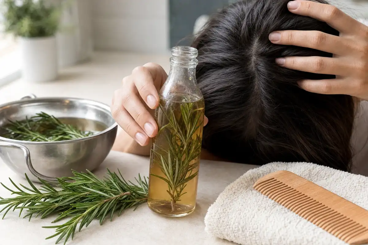 Bottiglia di acqua al rosmarino e mano sul cuoio capelluto, con rametti, ciotola e pettine