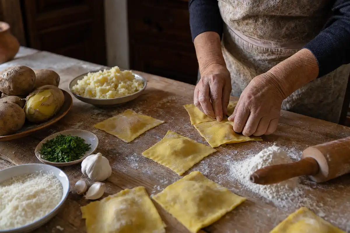 Mani che chiudono tortelli di patate quadrati su tavolo di legno infarinato con patate, prezzemolo, aglio e mattarello