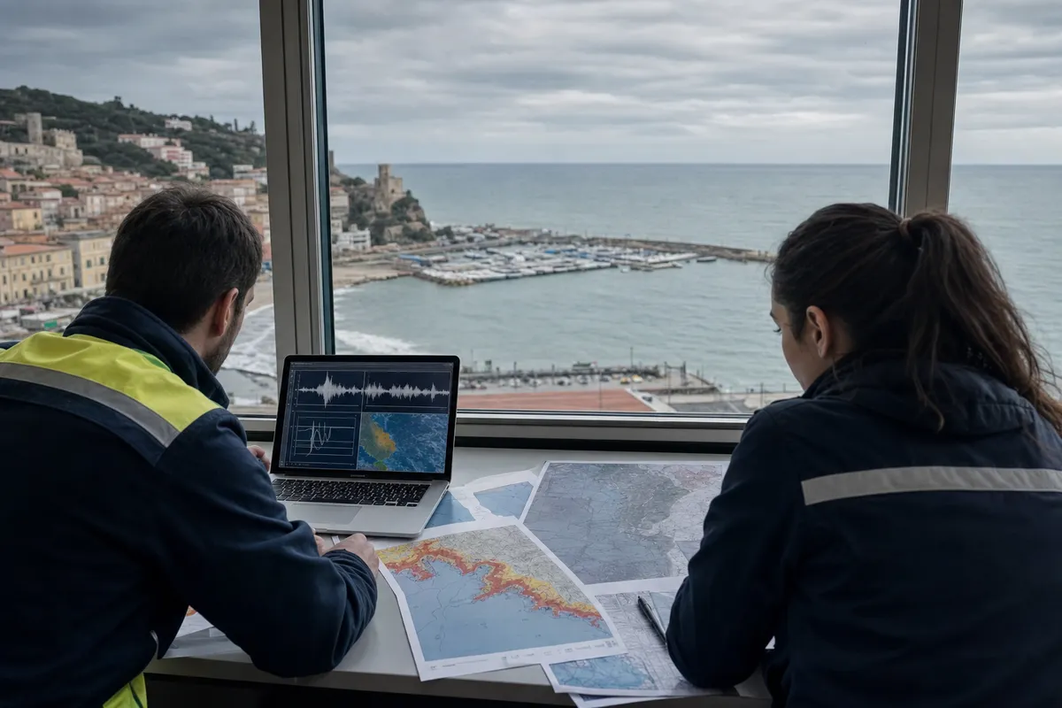 Tecnici della protezione civile analizzano mappe e dati al pc con vista su porto e costa mediterranea