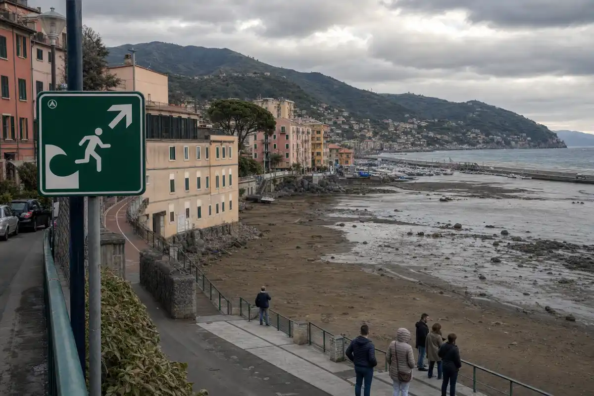 Cartello di evacuazione verso l’alto sul lungomare, con mare ritirato e porto di una cittadina costiera sullo sfondo