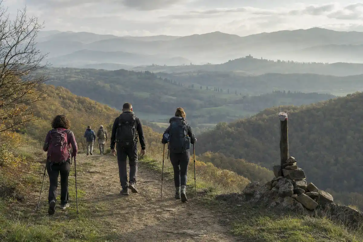 Escursionisti di spalle su un sentiero di crinale con boschi autunnali e colline in lontananza