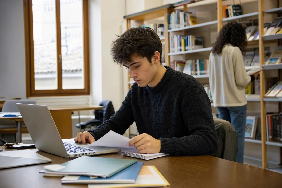 Giovane seduto a un tavolo in biblioteca con laptop e documenti, mentre un’altra persona consulta gli scaffali