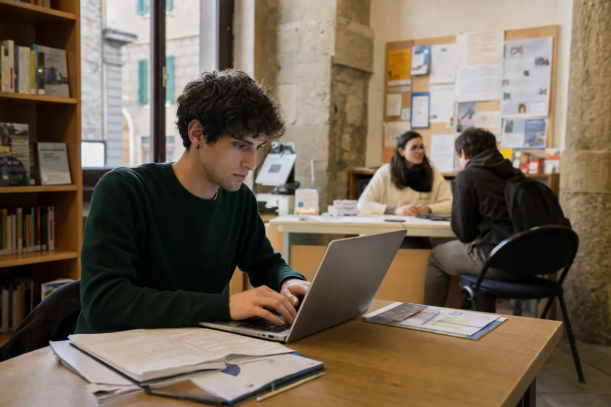Giovane al tavolo in una biblioteca, al laptop con moduli e documenti, mentre sullo sfondo si parla con un addetto