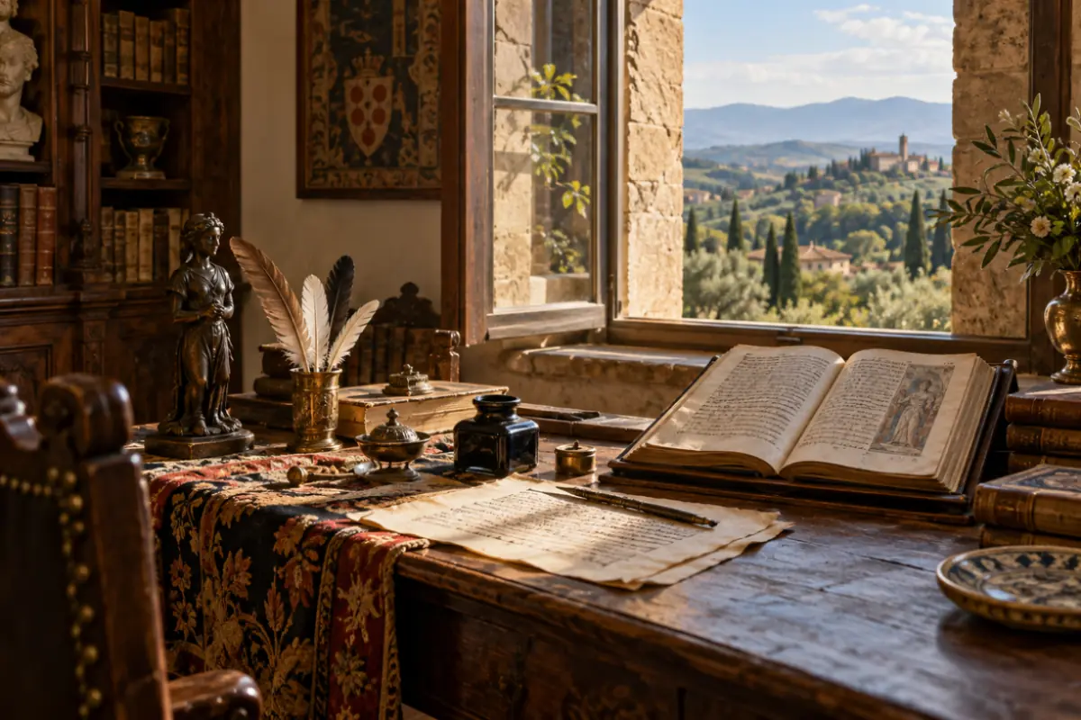 Antico studio rinascimentale con manoscritti e libri che richiamano il celebre G