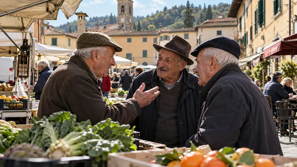 Anziani conversano al mercato del Mugello tra tradizioni e dialetto