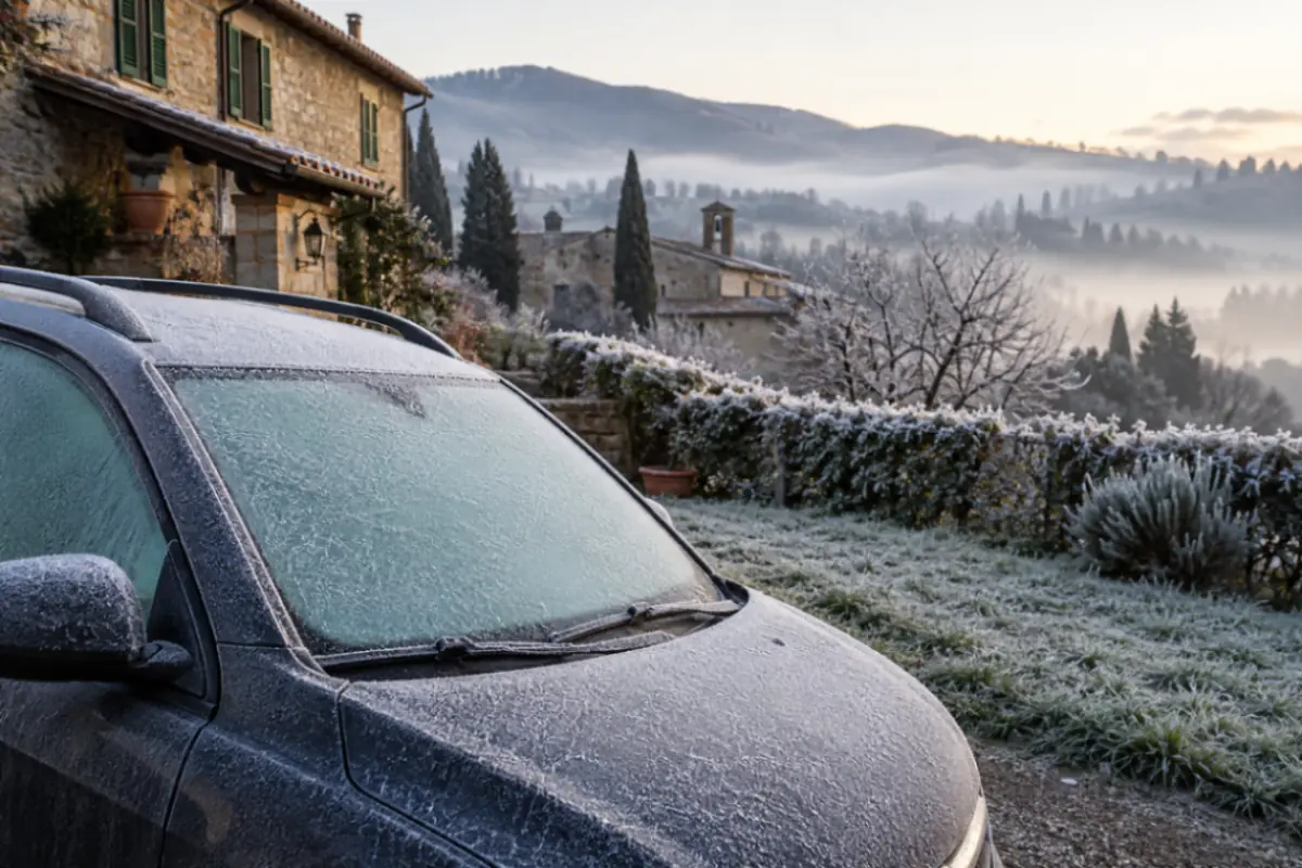 Auto ricoperta di ghiaccio durante una fredda mattina nel Mugello