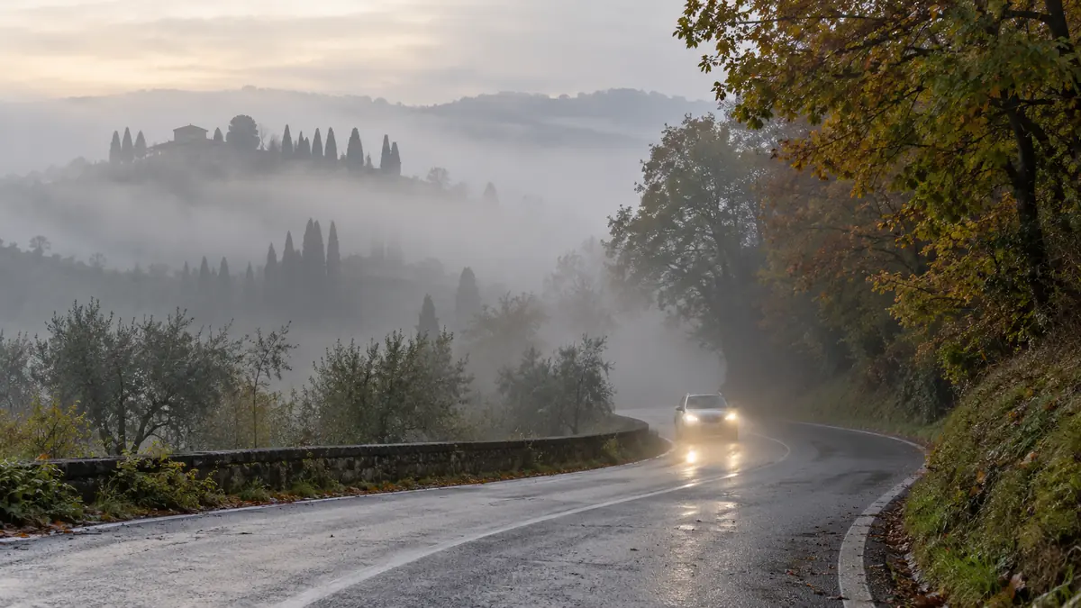 Auto sulla strada avvolta dalla nebbia autunnale