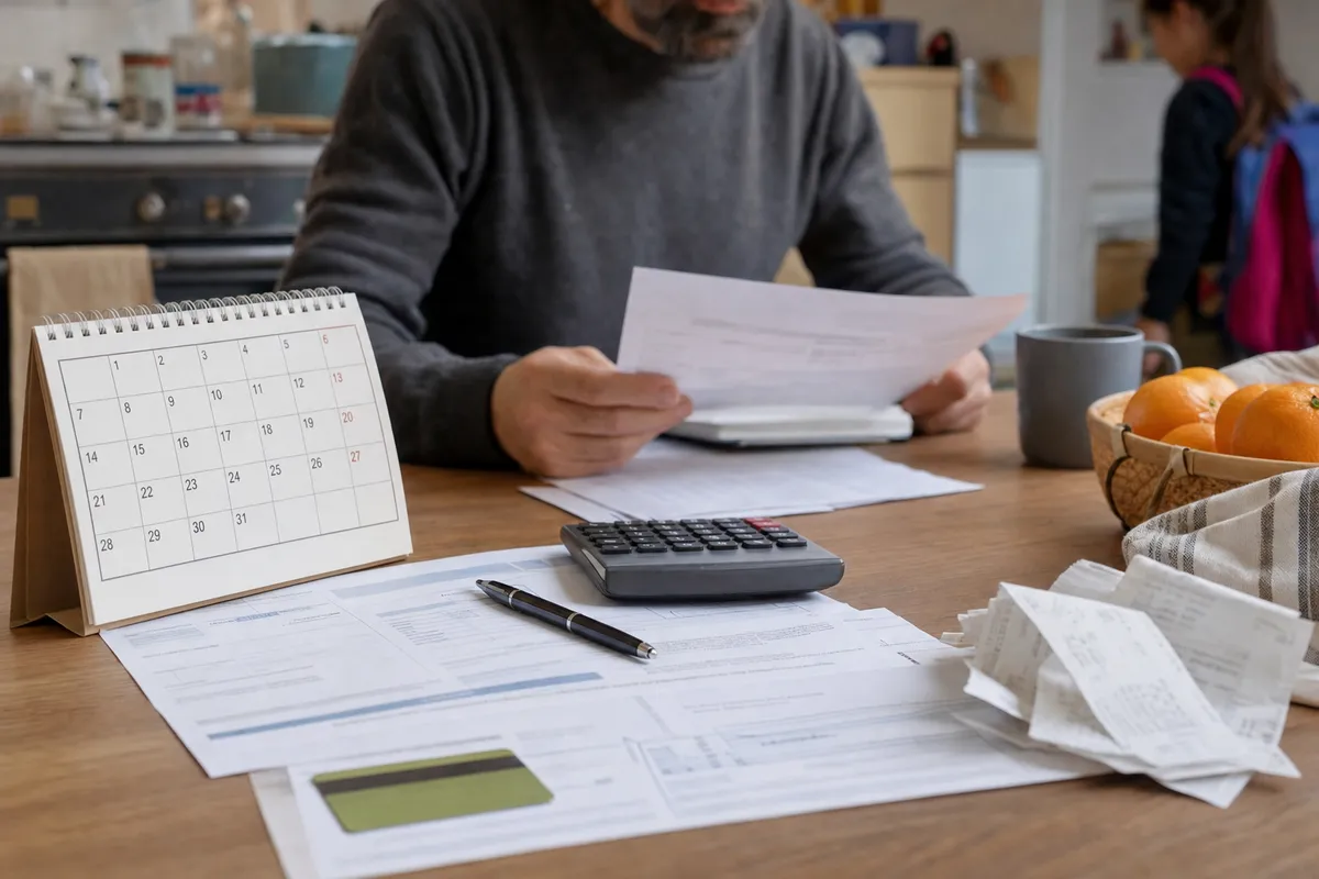 Calendario di dicembre, bollette e documenti su un tavolo con calcolatrice, penna e scontrini in cucina