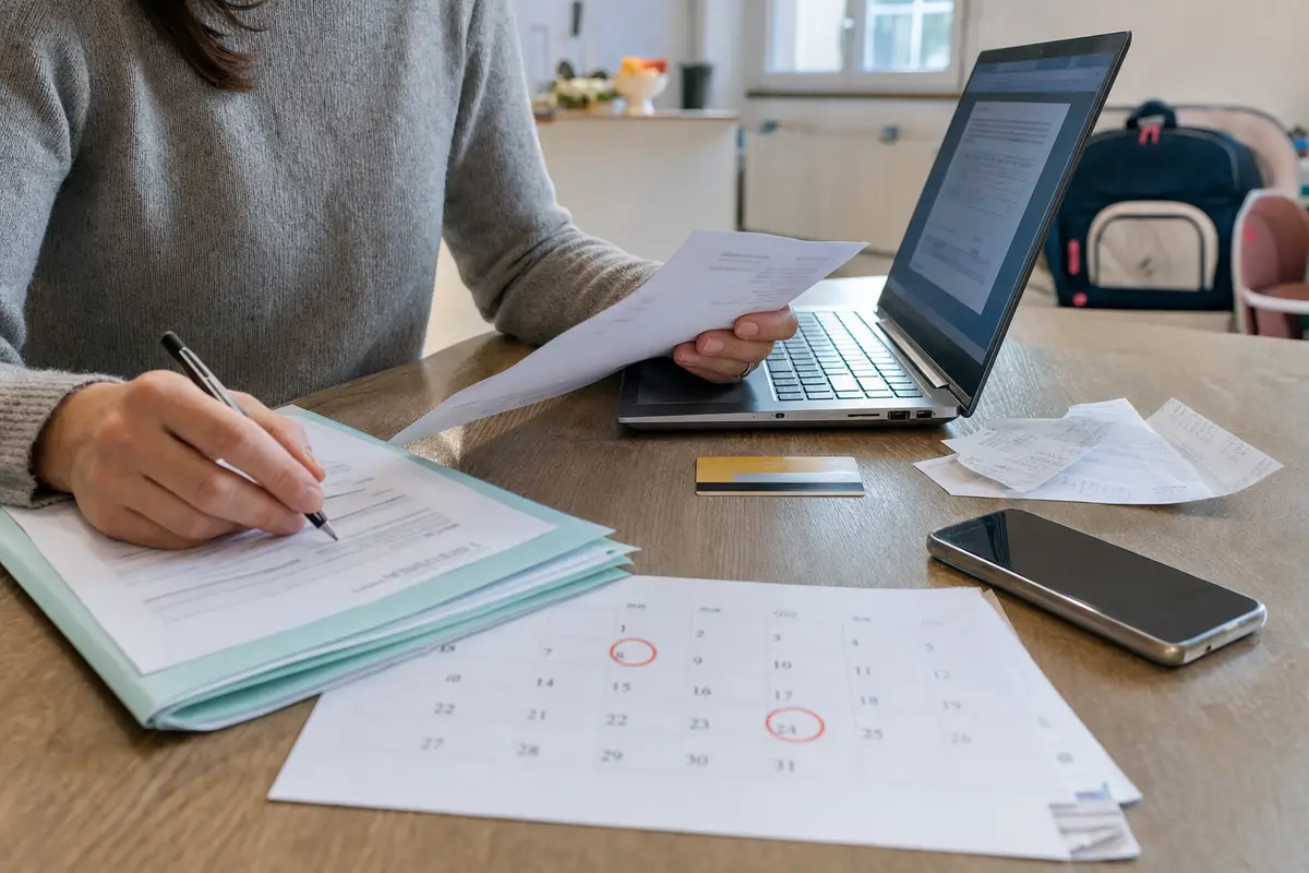 Persona che compila documenti a un tavolo con laptop, calendario di dicembre con date cerchiate, carta e ricevute