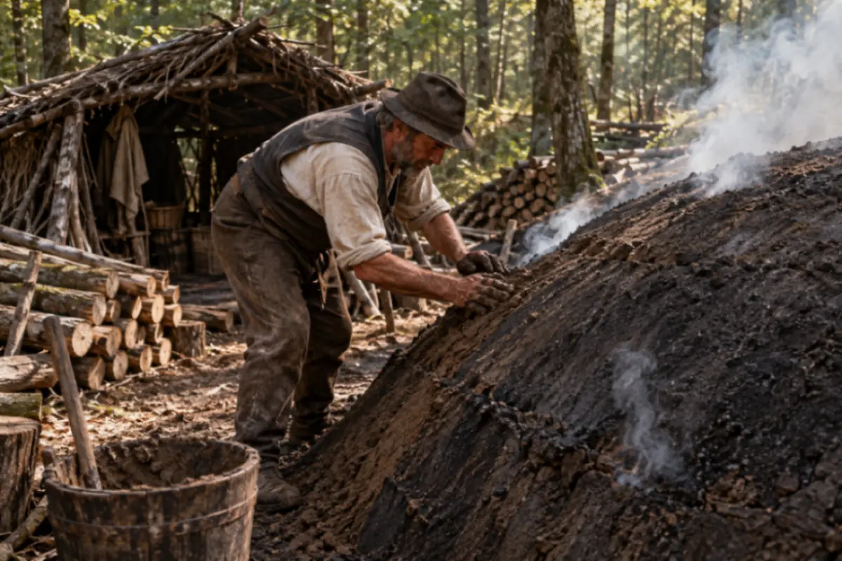 Carbonaio al lavoro durante la cottura tradizionale