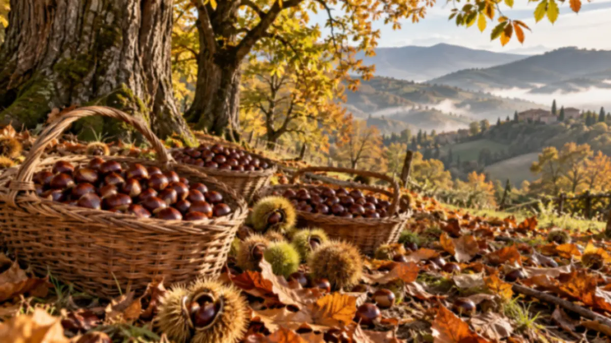 Cesti di castagne appena raccolte nei boschi autunnali dell Appennino