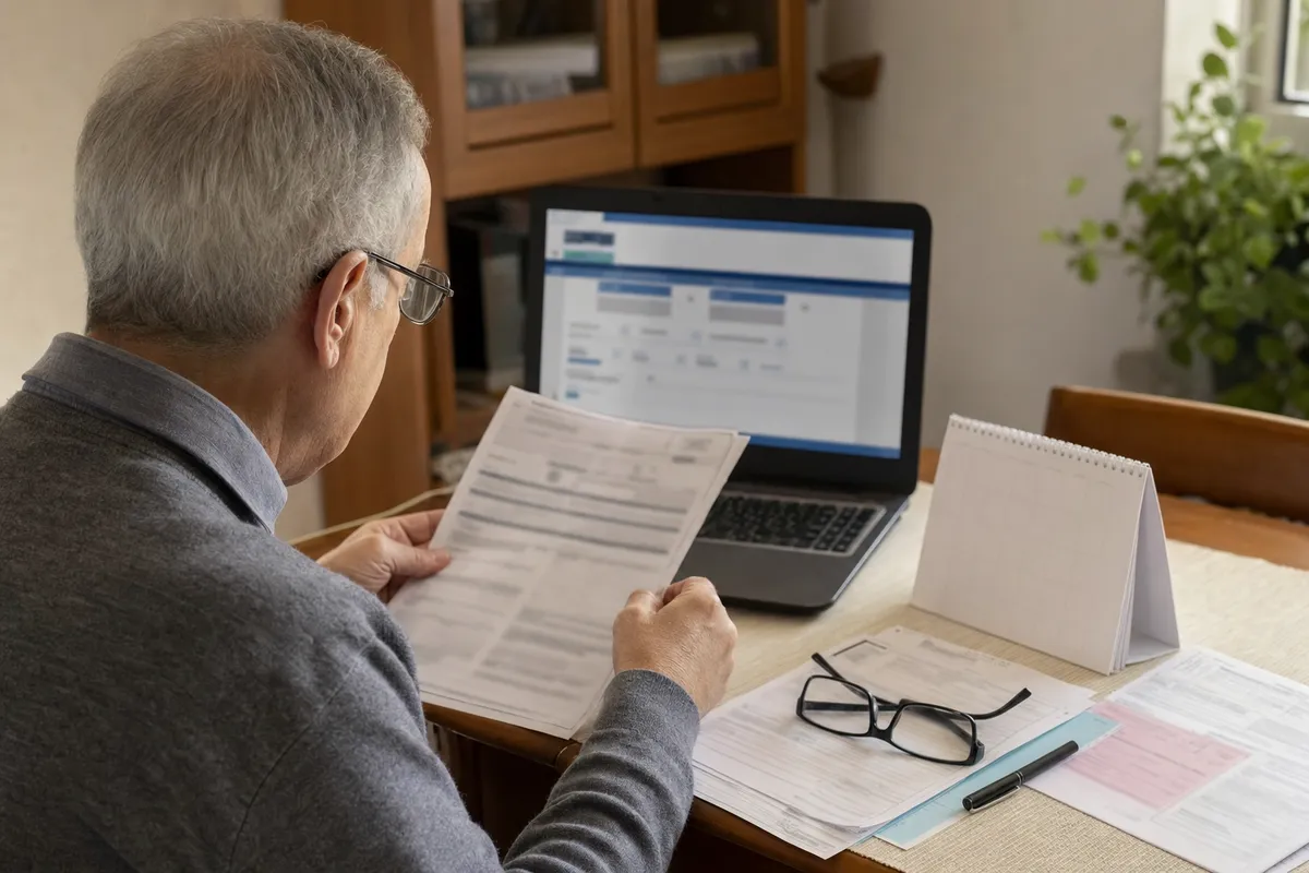Pensionato al tavolo con moduli cartacei e laptop aperto su un portale online, con calendario da scrivania