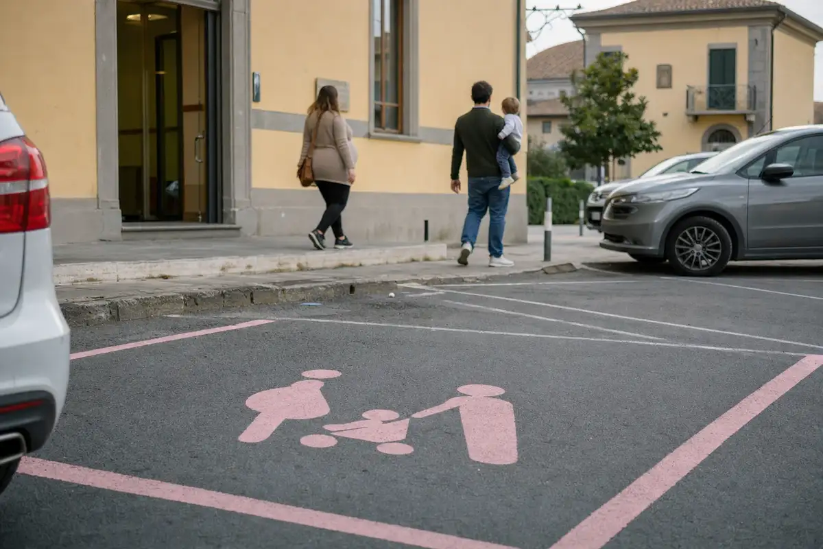 Stallo di parcheggio con segnaletica rosa per famiglie e gravidanza davanti a un edificio pubblico
