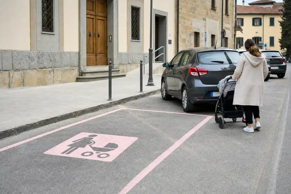 Stallo rosa con pittogramma mamma con passeggino vicino a un’auto e a una donna che spinge un passeggino