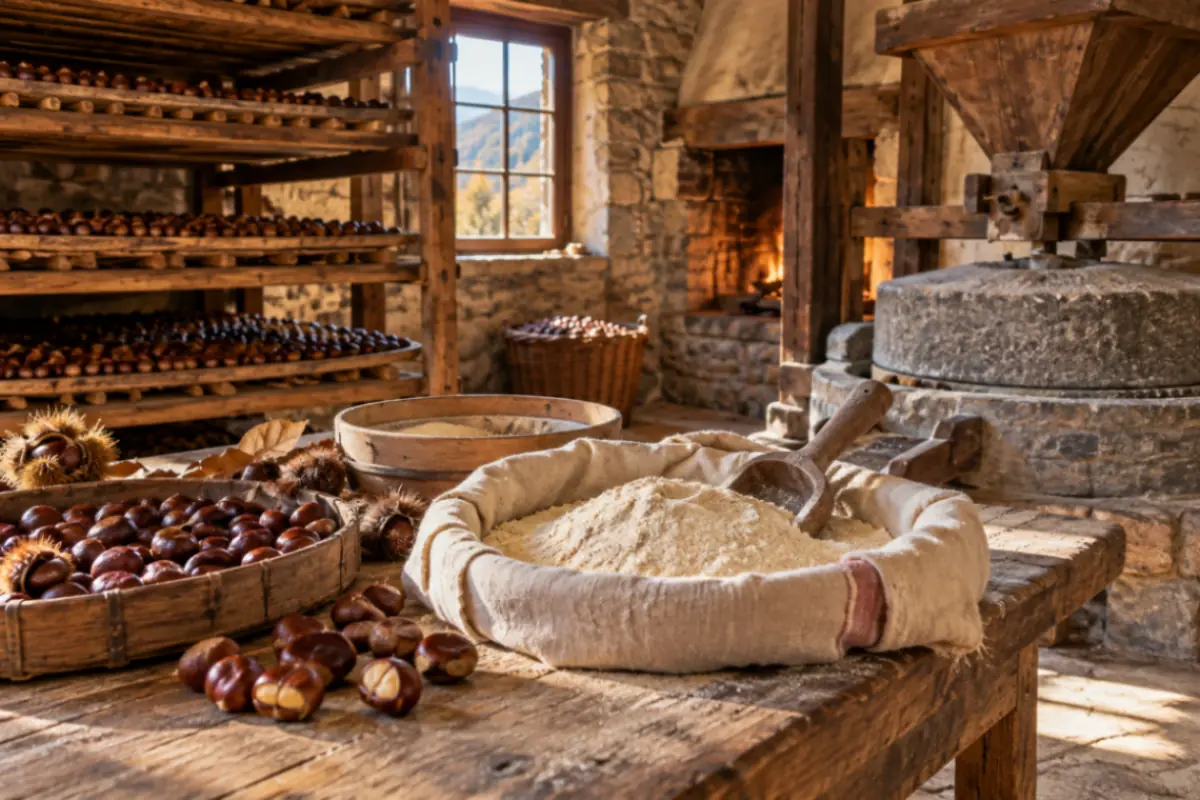 Farina di castagne preparata secondo la tradizione in un antico mulino