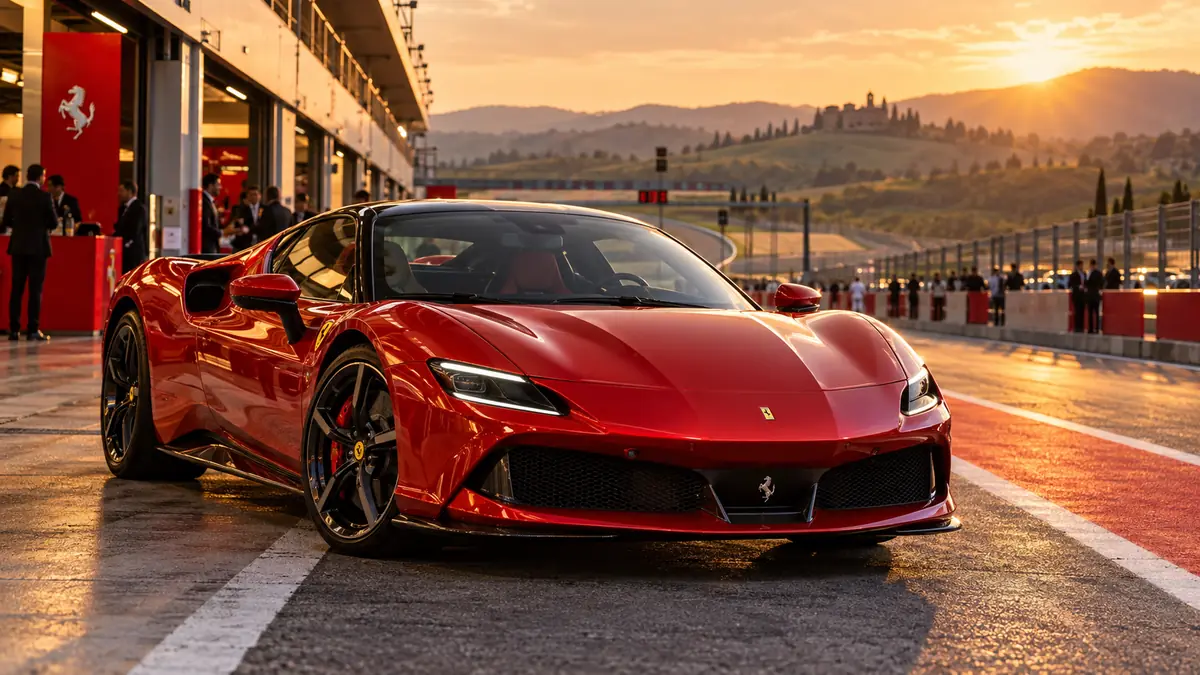 Ferrari rossa ai box dell autodromo del Mugello al tramonto