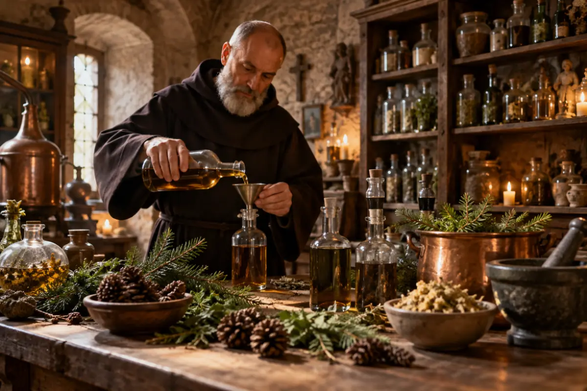 Frate prepara liquore nell antica farmacia conventuale