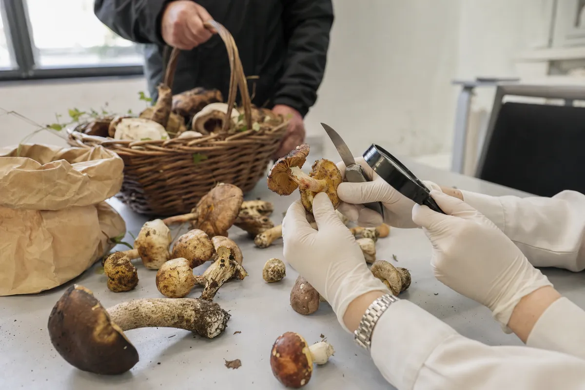 Mani con guanti esaminano funghi selvatici su un tavolo con lente e coltellino, accanto a un cestino