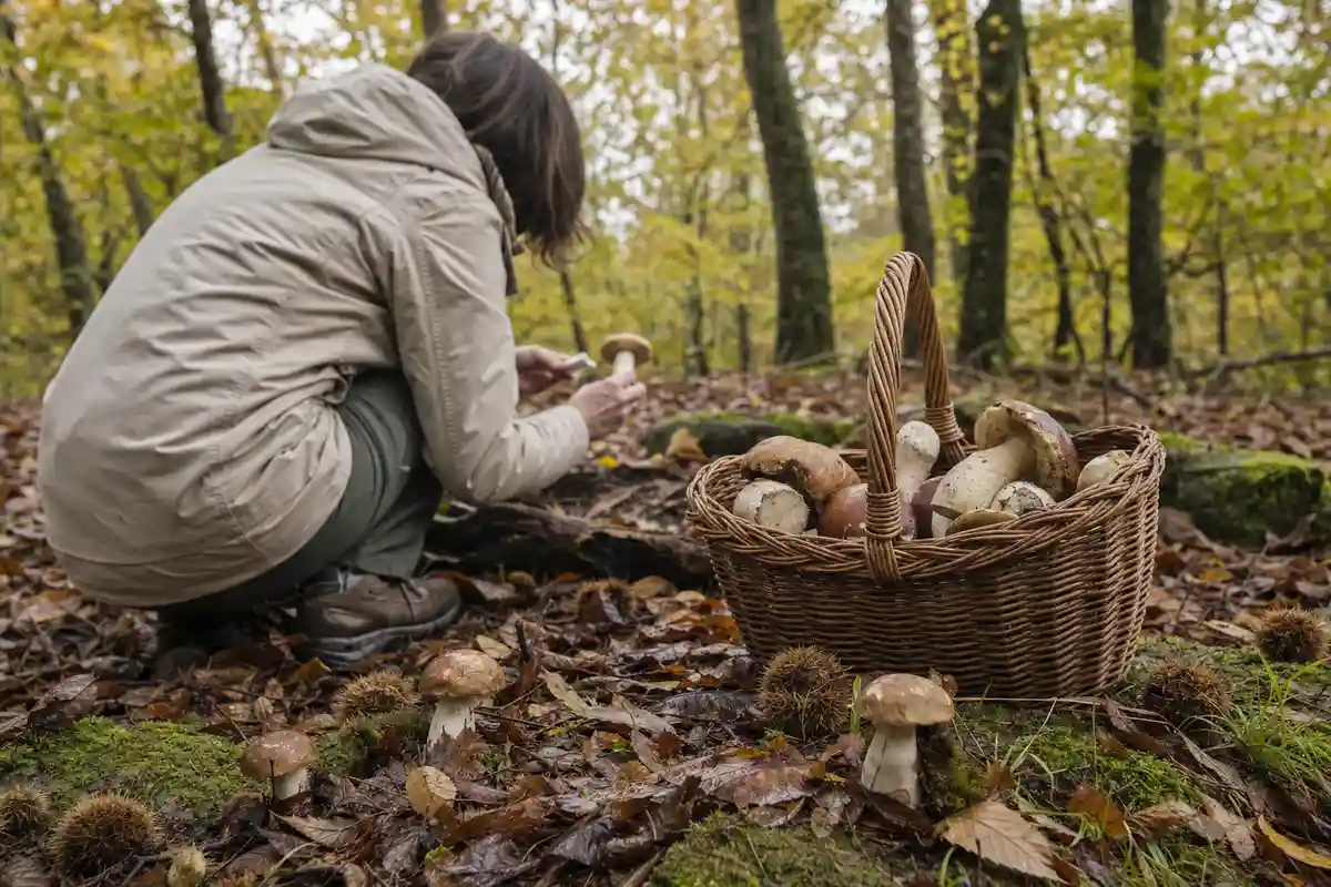 Raccoglitrice accovacciata nel bosco autunnale con cestino pieno di funghi e alcuni esemplari a terra