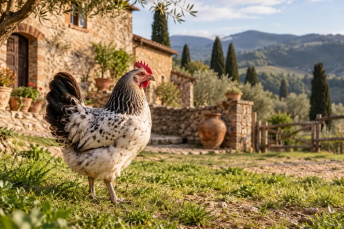 Gallina pezzata davanti a un rustico casolare