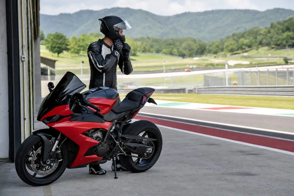Motociclista in tuta che regola il casco accanto a una moto sportiva rossa in pit lane, con pista e colline sullo sfondo