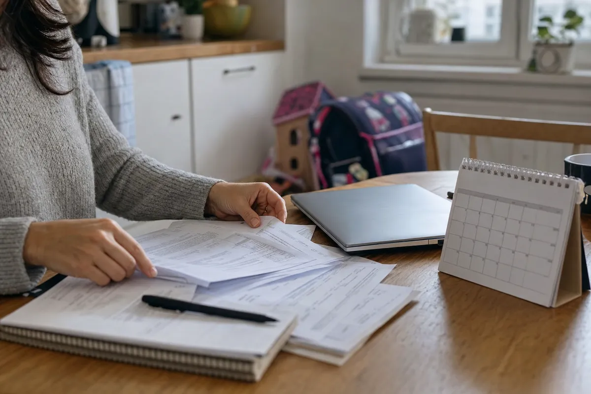 Mani che ordinano documenti su un tavolo di cucina con laptop chiuso e calendario da tavolo, zaino sullo sfondo
