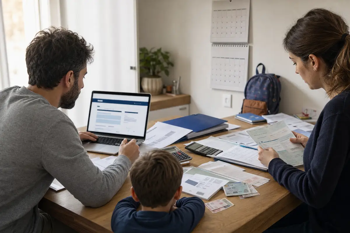 Famiglia al tavolo con laptop, documenti e calcolatrice per pratiche ISEE, con calendario e zaino sullo sfondo