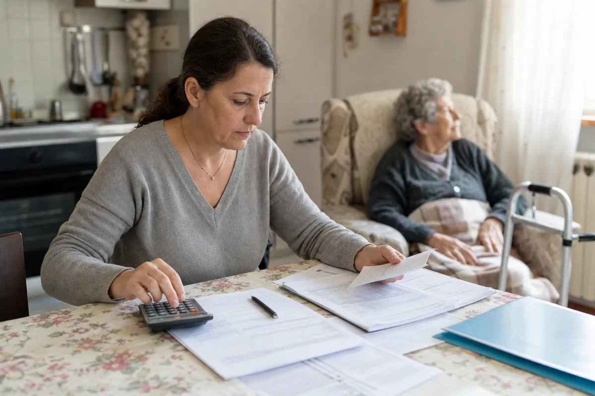Caregiver al tavolo con calcolatrice e documenti, mentre un’anziana è seduta in poltrona con deambulatore