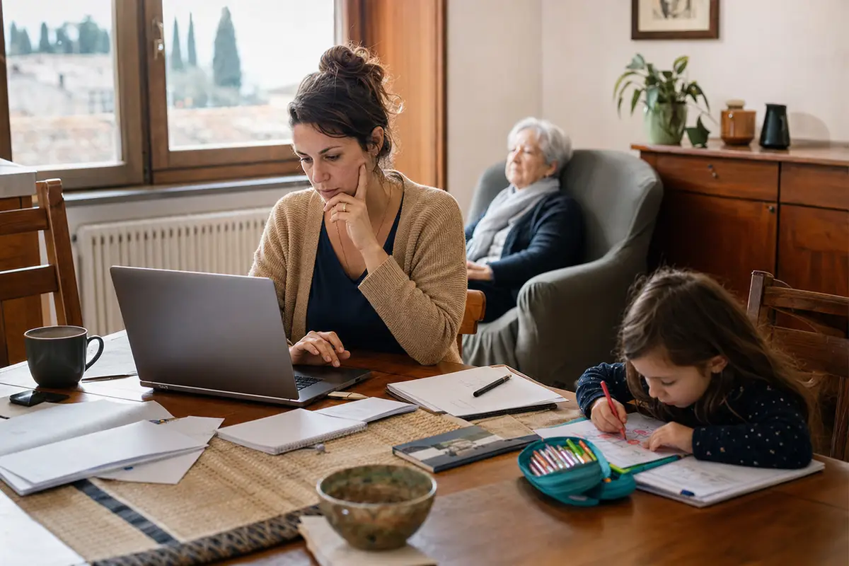 Libera professionista al laptop al tavolo di casa mentre una bambina disegna e un’anziana riposa in poltrona