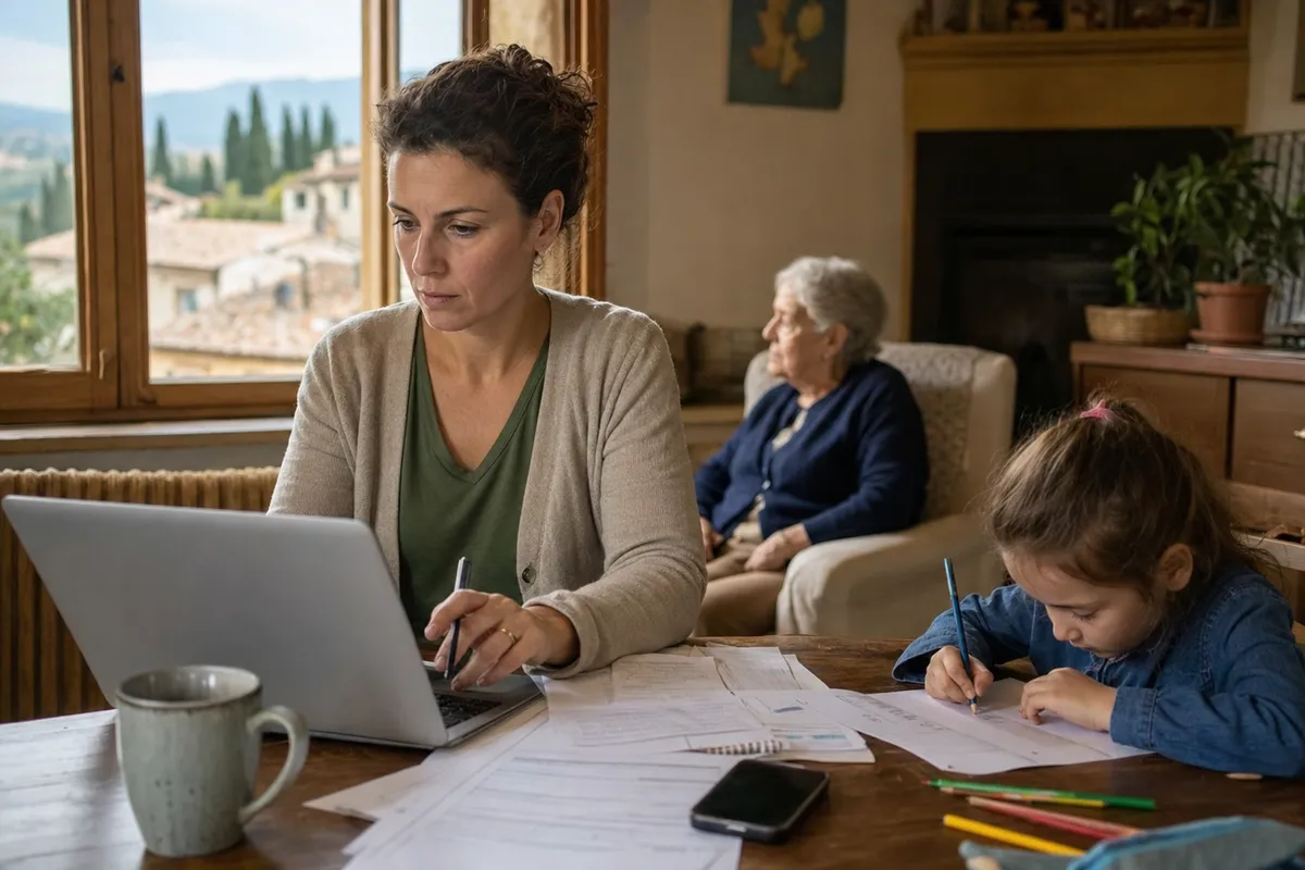 Donna lavora al laptop tra documenti mentre una bambina disegna e un’anziana riposa sullo sfondo in casa