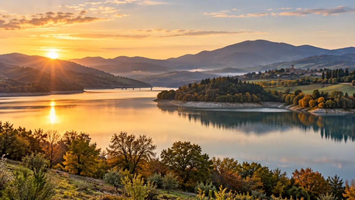 Il lago di Bilancino al tramonto immerso nel paesaggio del Mugello