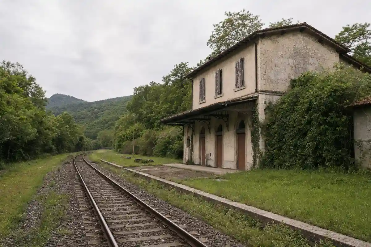 Binari curvi davanti a una piccola stazione rurale in disuso, con persiane chiuse e vegetazione invadente