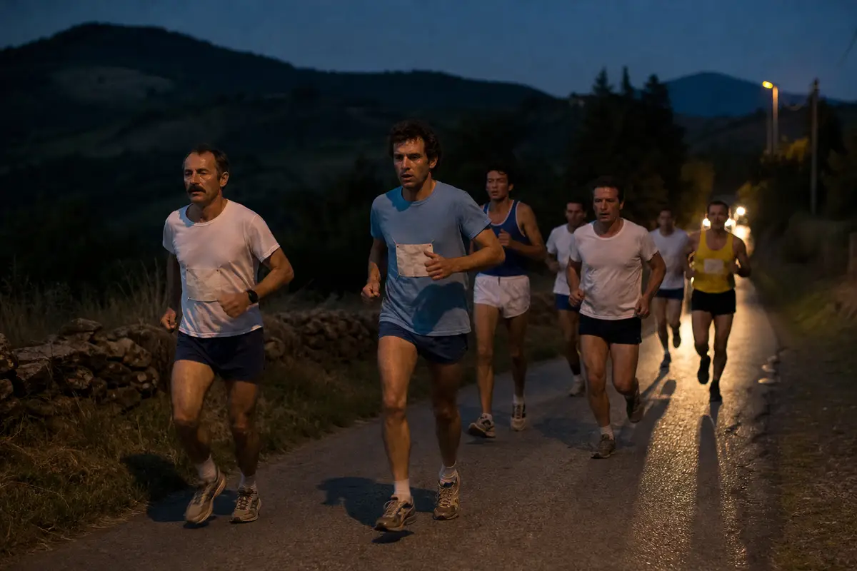 Gruppo di podisti amatoriali corre su una strada di campagna al crepuscolo, con colline sullo sfondo e luci lontane
