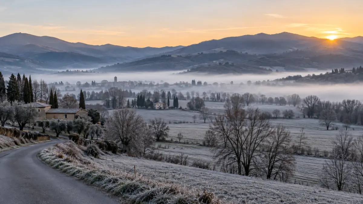 La valle del Mugello avvolta da nebbia e brina all alba