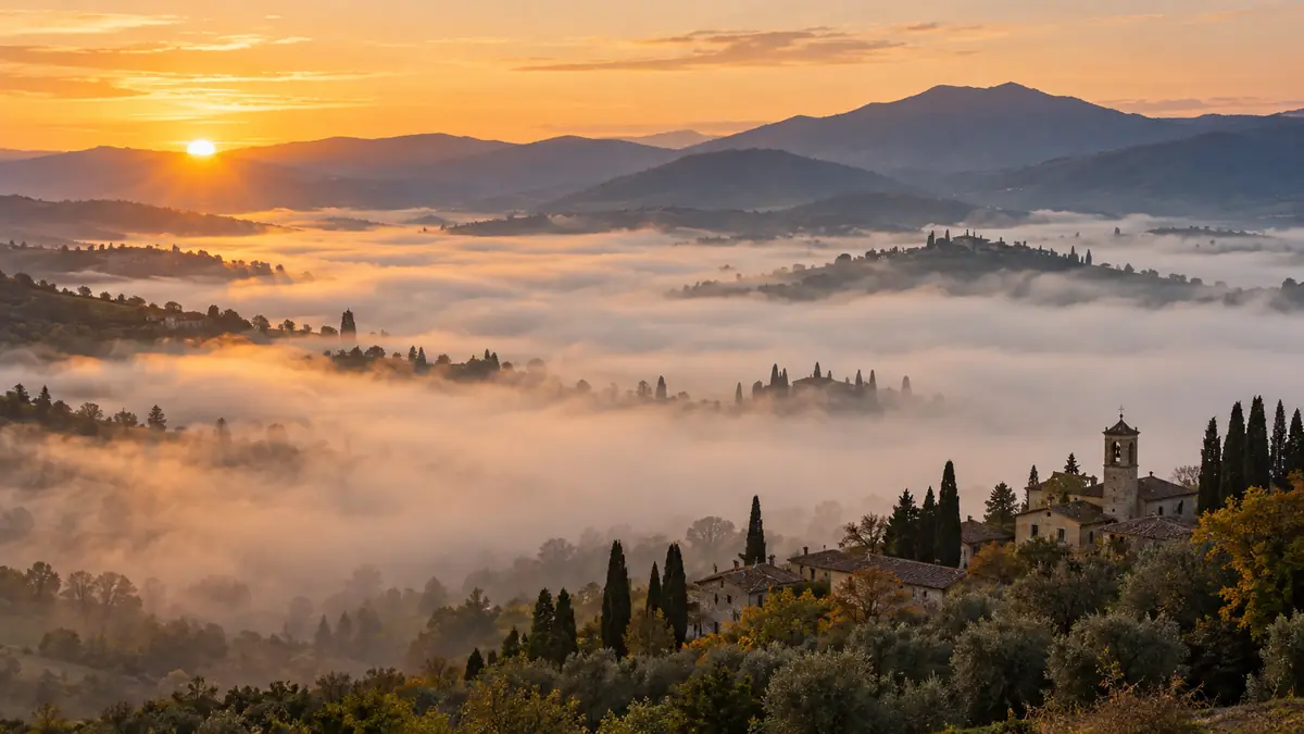 La valle del Mugello avvolta da un suggestivo mare di nebbia all alba