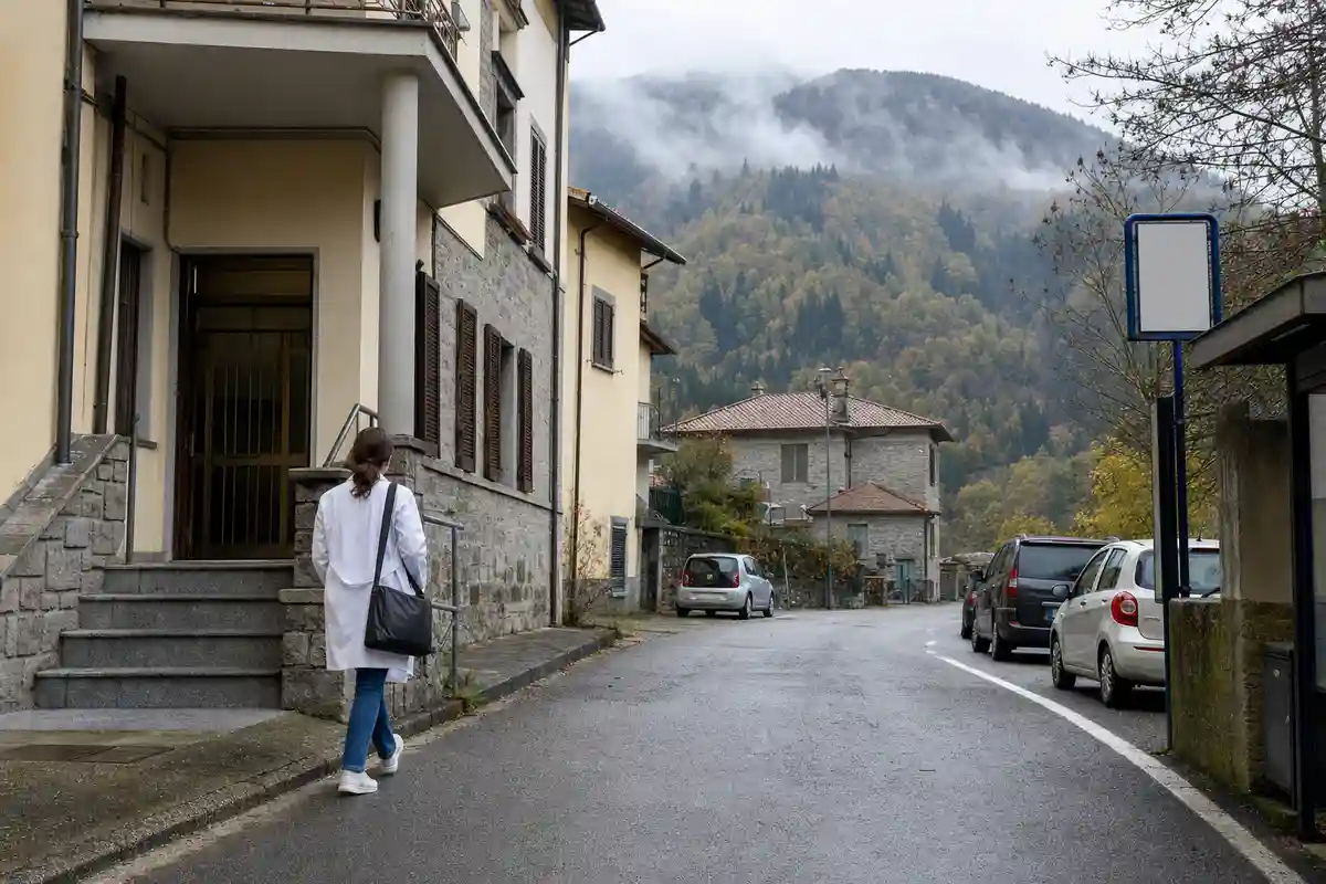 Professionista con camice bianco cammina verso un edificio in un paese di montagna, con strada bagnata e nebbia